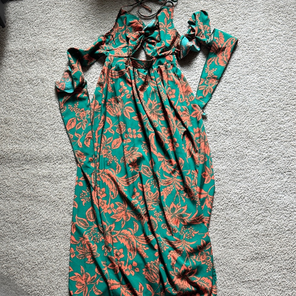 SHEIN Green and Coral Floral Dress